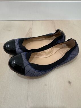 Tory Burch Bridgette Ballet Flat Blue/Black Women's 6.5 Quilted Fabric